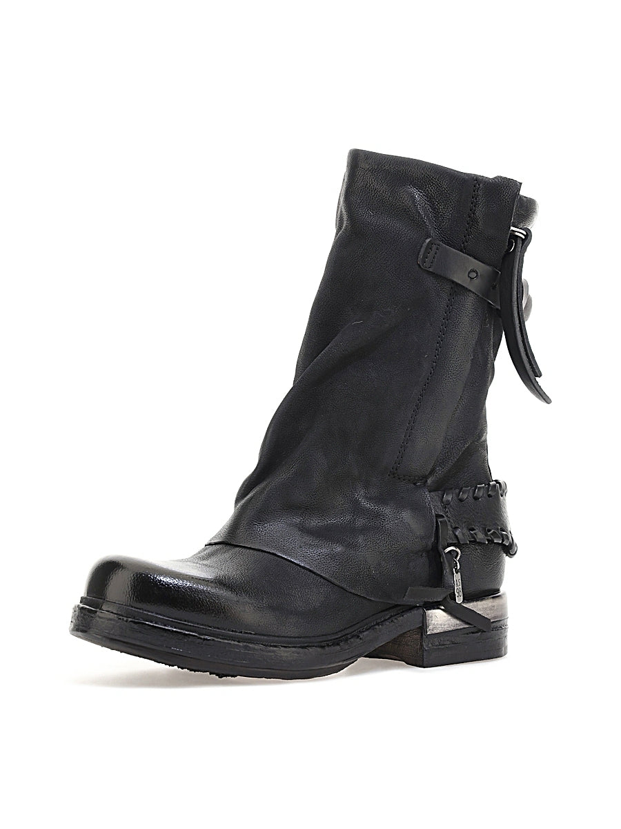 A.S.98 Archibald Black Leather Whipstitch Spur Back Strap Double Zipper Boot