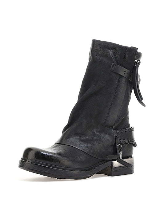 A.S.98 Archibald Black Leather Whipstitch Spur Back Strap Double Zipper Boot