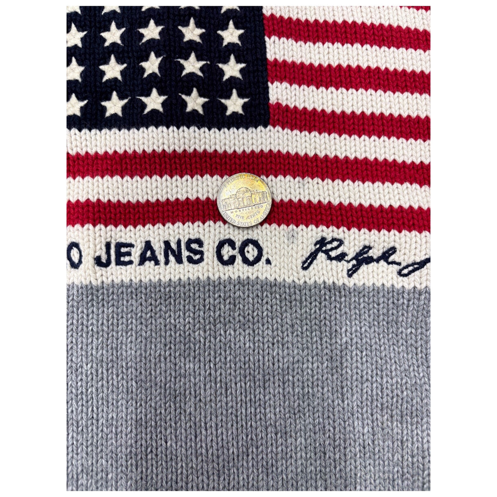 Polo Jeans Co Ralph Lauren Mens Y2k American Flag Gray Grey Knit Crewneck Pullover Sweater Sz L