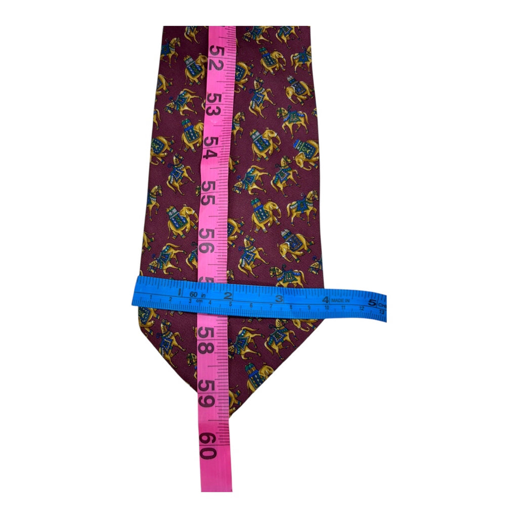 Vtg Handmade Burberry 100% Silk Burgundy Elephant Horse Design Mns Tie