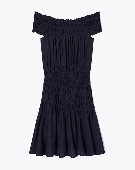 NWT Tory Burch Navy Asymmetrical Smocked Cotton Off Shoulder Dress Wmns Sz M