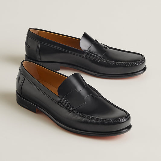 NWB Hermes Kennedy Loafer Mens Sz 44.5 Black Calf Skin Leather Slip Dress shoe
