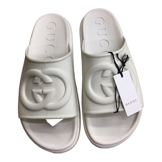 GUCCI Slide Slip On Sandals White Cream Ivory Sz 41 Logo Y2k Designer Slides NWB