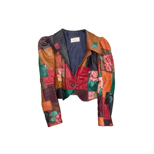 1960s Gandalf Vintage Leather 1960'S Vintage Leather Patchwork Floral Jacket – Multi-Color Women’s Size Small