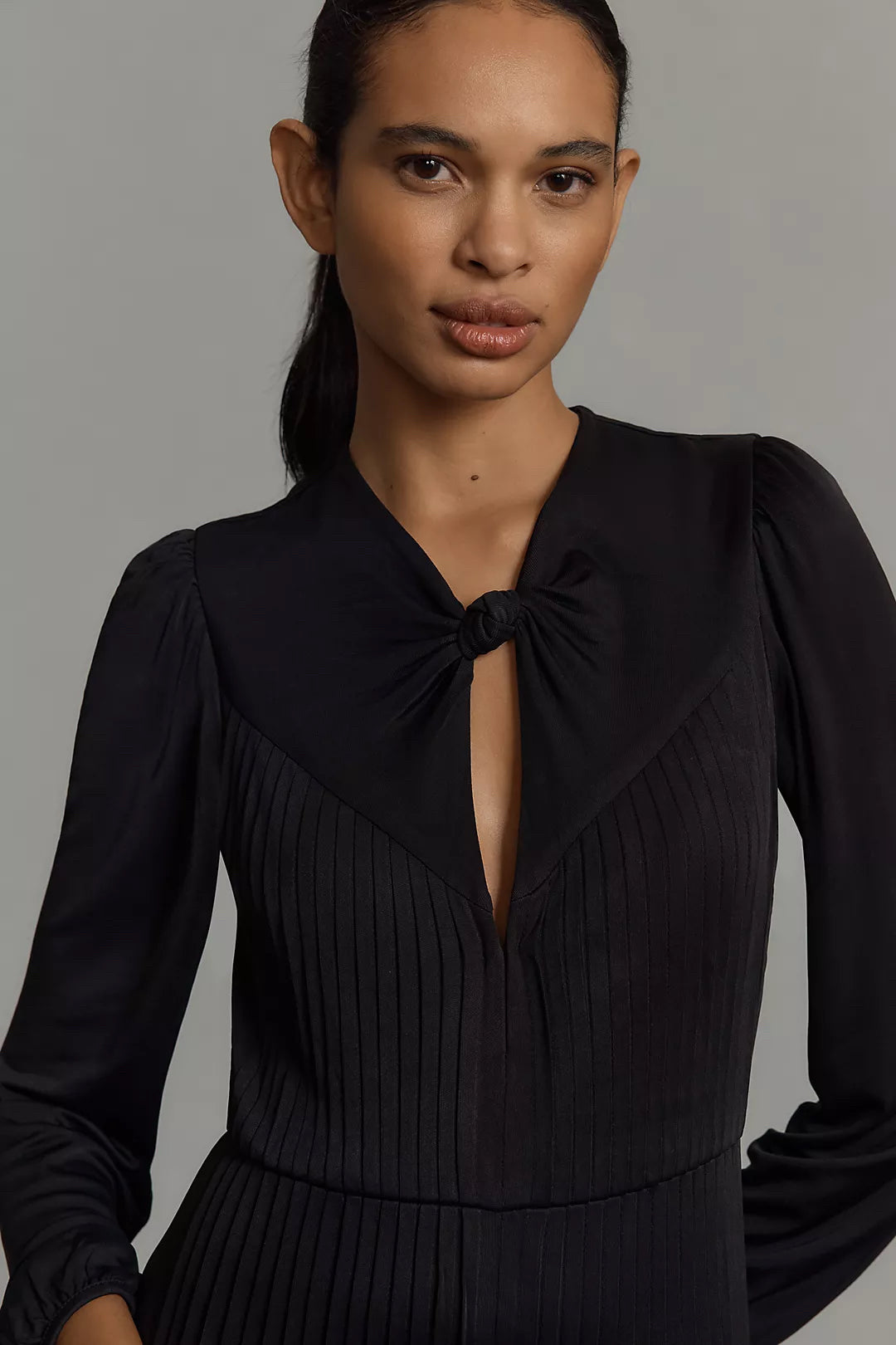 NWT FARM Rio Wmns Sz M Black Knot Long Balloon Sleeve Satin Pleated Jumpsuit