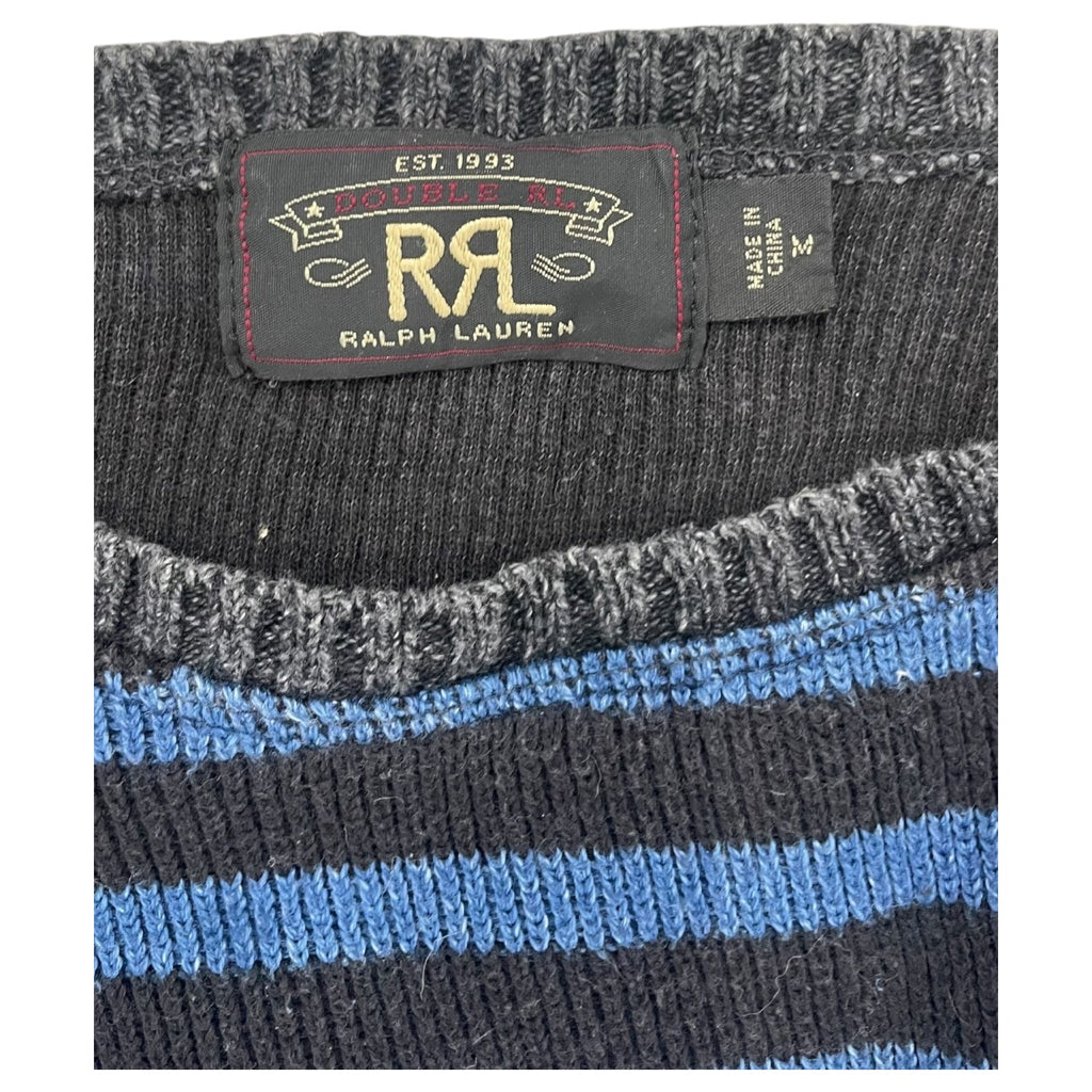 RRL Ralph Lauren Navy Blue and Black Knit Striped Distressed Sweater Men Sz M