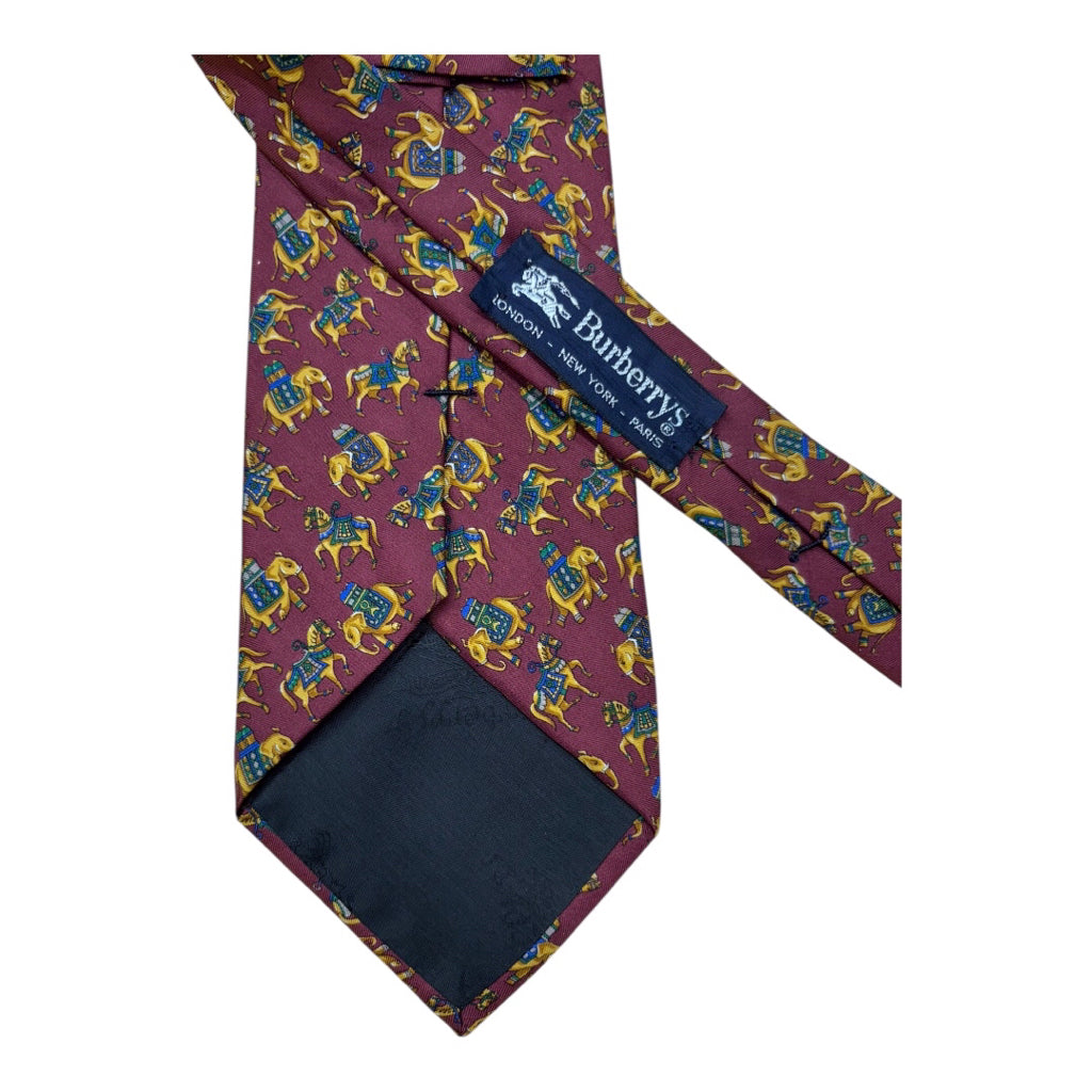 Vtg Handmade Burberry 100% Silk Burgundy Elephant Horse Design Mns Tie