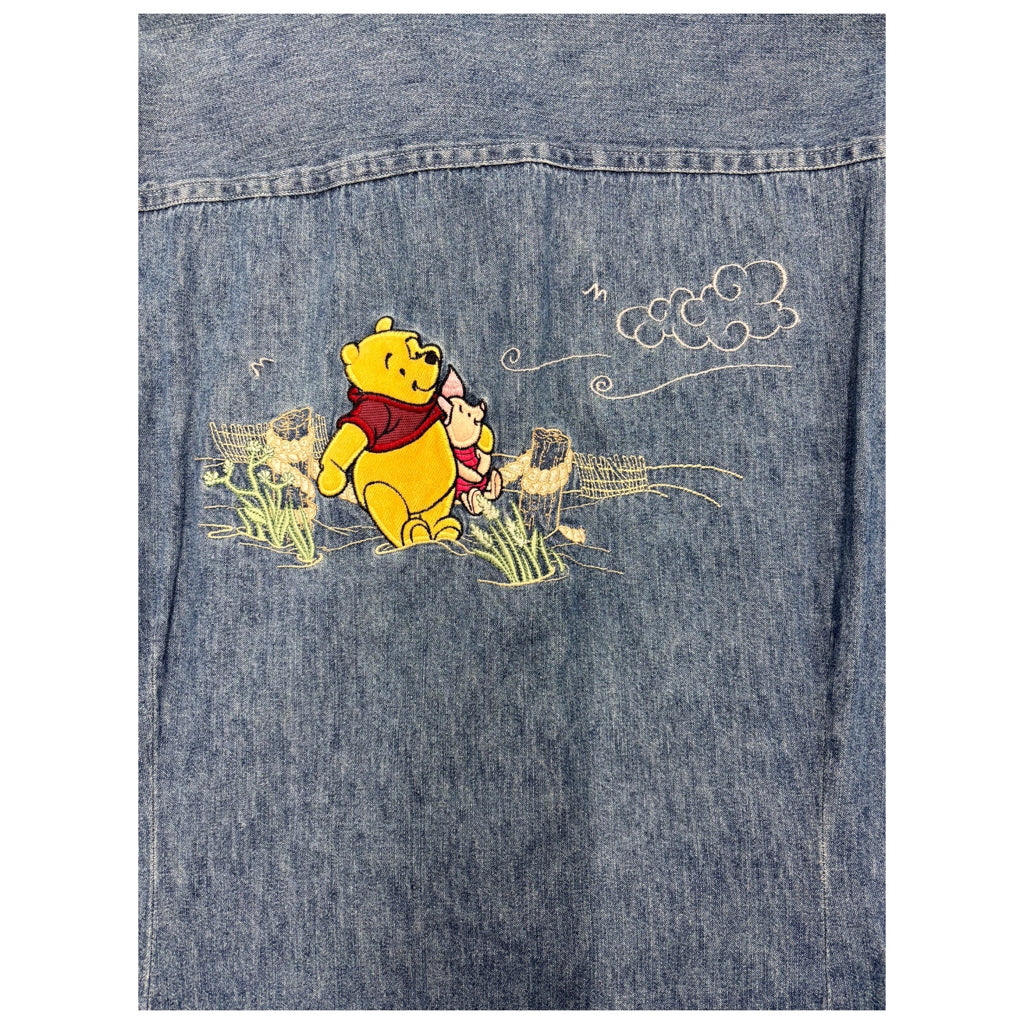 DISNEY Mens Vintage Y2k Embroidered Winnie the Pooh Blue Denim Long Sleeve Button Sz XXL