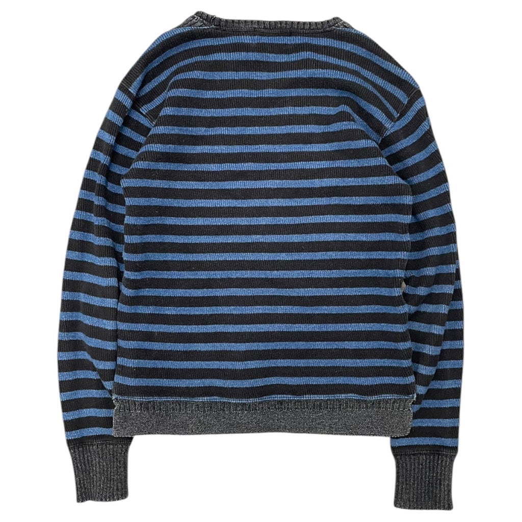 RRL Ralph Lauren Navy Blue and Black Knit Striped Distressed Sweater Men Sz M