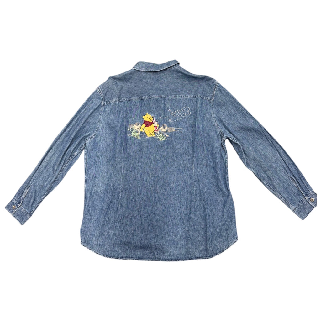 DISNEY Mens Vintage Y2k Embroidered Winnie the Pooh Blue Denim Long Sleeve Button Sz XXL