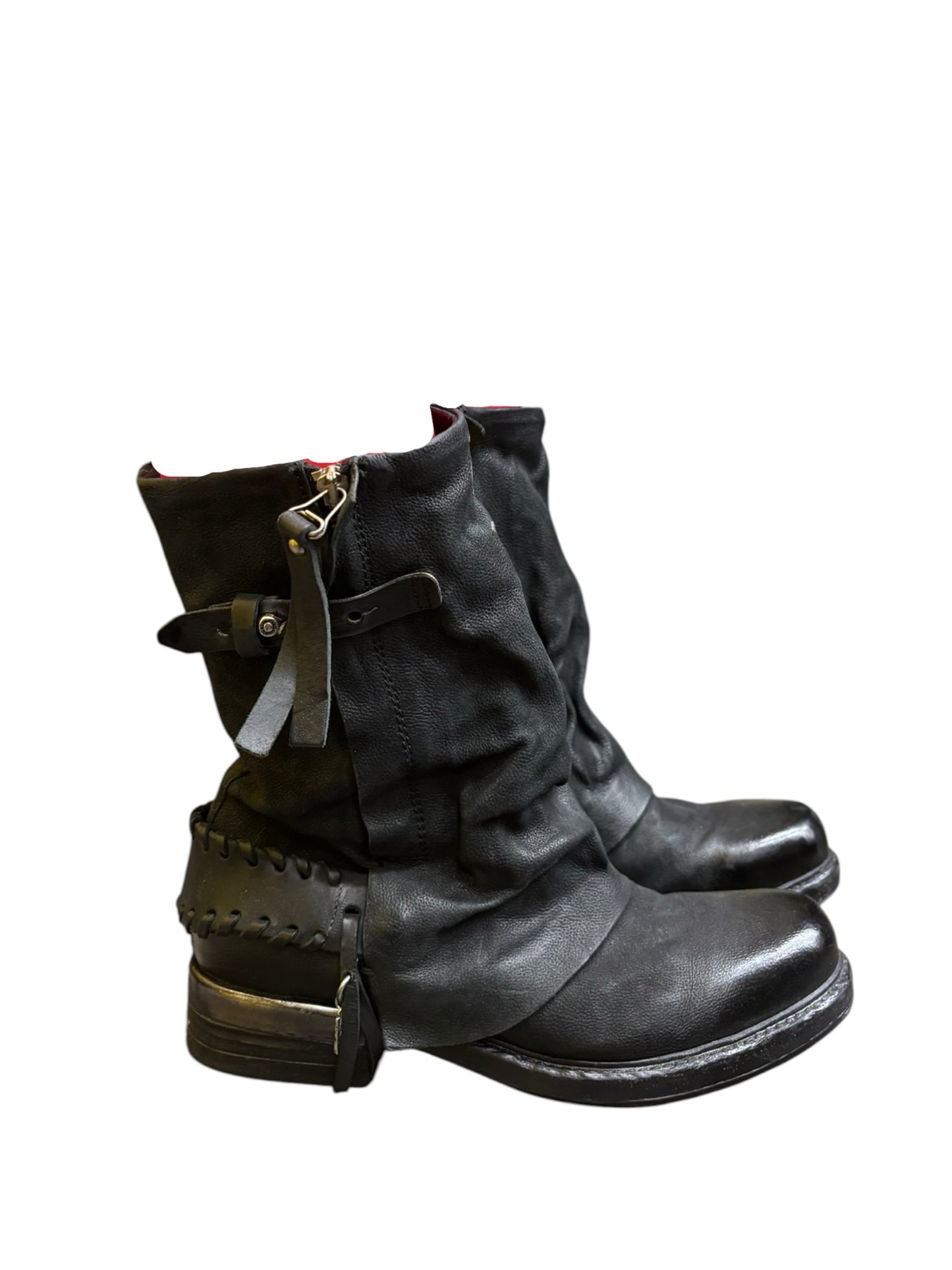 A.S.98 Archibald Black Leather Whipstitch Spur Back Strap Double Zipper Boot
