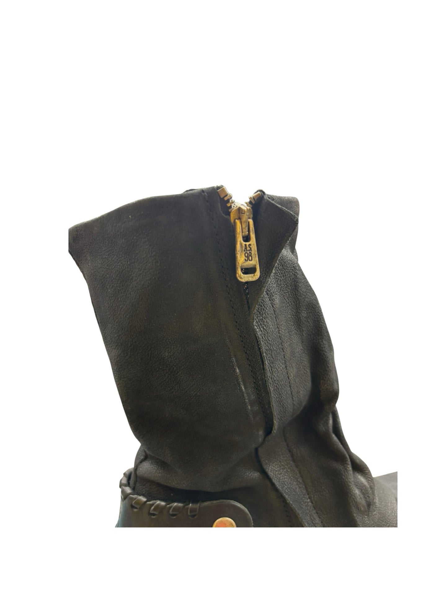 A.S.98 Archibald Black Leather Whipstitch Spur Back Strap Double Zipper Boot
