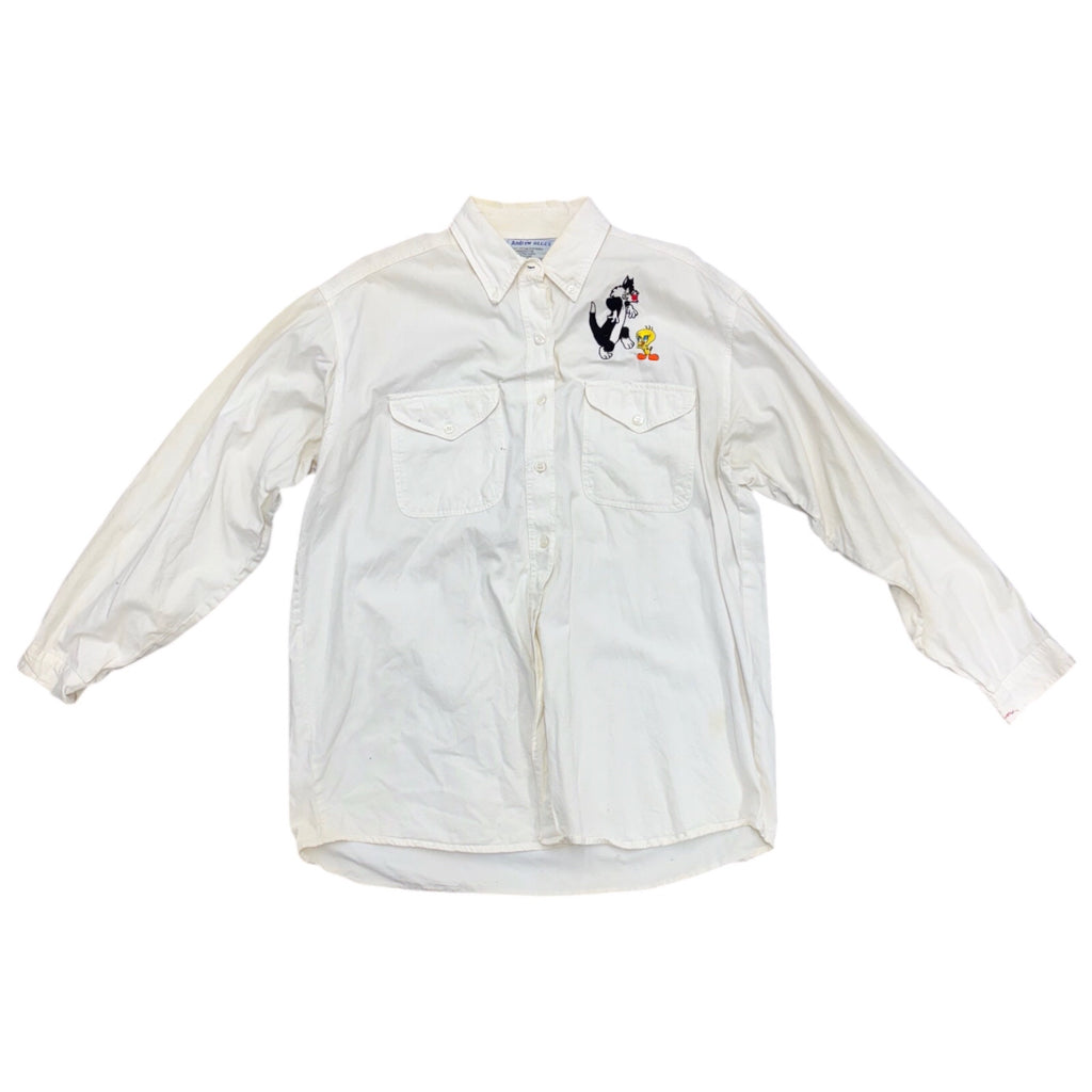 ANDREW BLUES Mens Y2k Vintage Tweety and Sylvester Embroidery White Long Sleeve Button Sz L