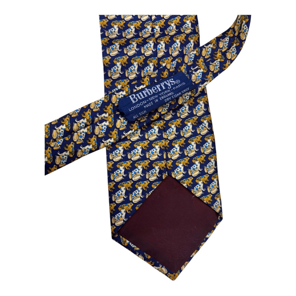 Burberry Navy 100% Silk Gold Yellow Blue Frog Print Mns Tie