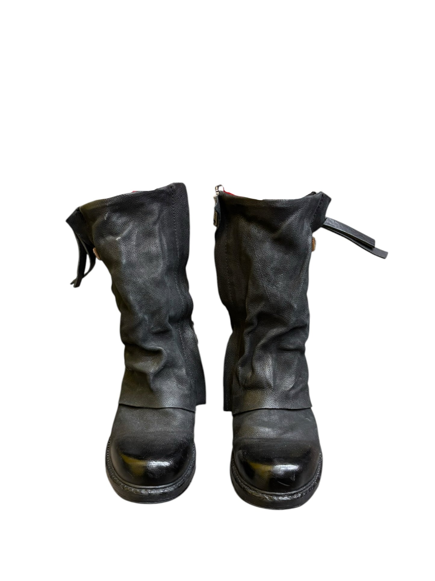 A.S.98 Archibald Black Leather Whipstitch Spur Back Strap Double Zipper Boot