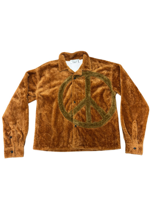 NWOT Vale Forever Mns M Brown Fuzzy Peace Symbol Button Up Jacket Sweater