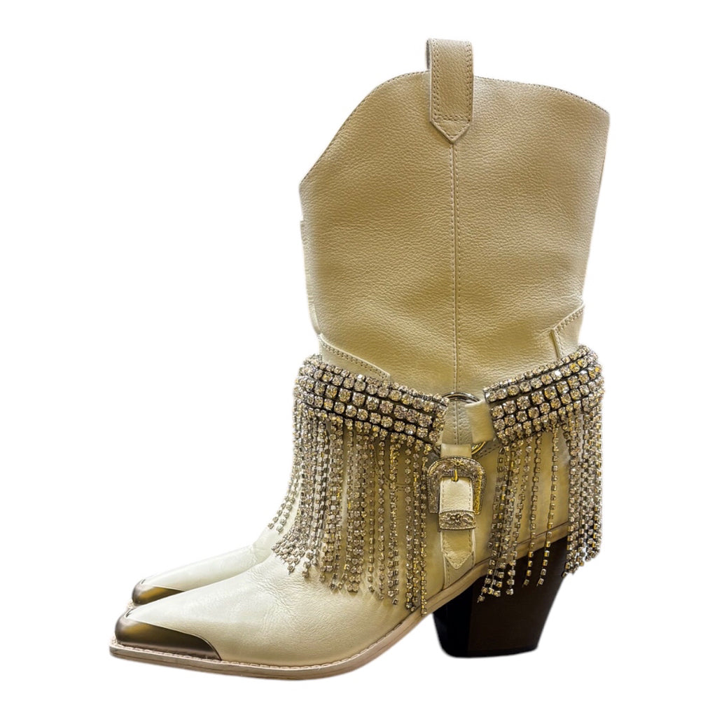 Daniel x Diamond High Noon Crystal-Harness White Western Heel Booties Shoe Wmns Sz 6 Boots