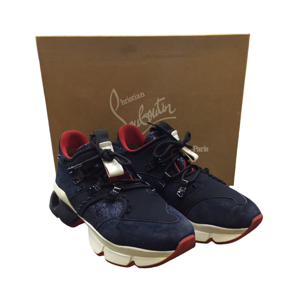 CHRISTIAN LOUBOUTIN Mens Sneaker Shoe Sz 42.5 Navy Blue Red Runner Flat VV