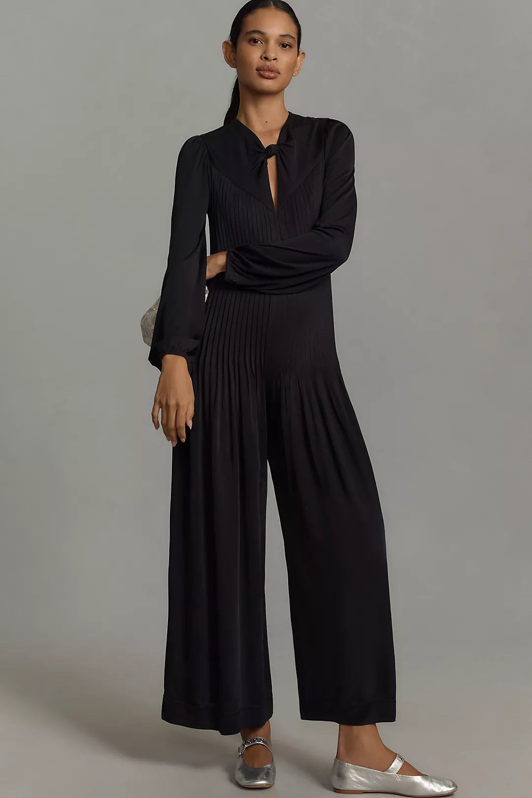 NWT FARM Rio Wmns Sz M Black Knot Long Balloon Sleeve Satin Pleated Jumpsuit