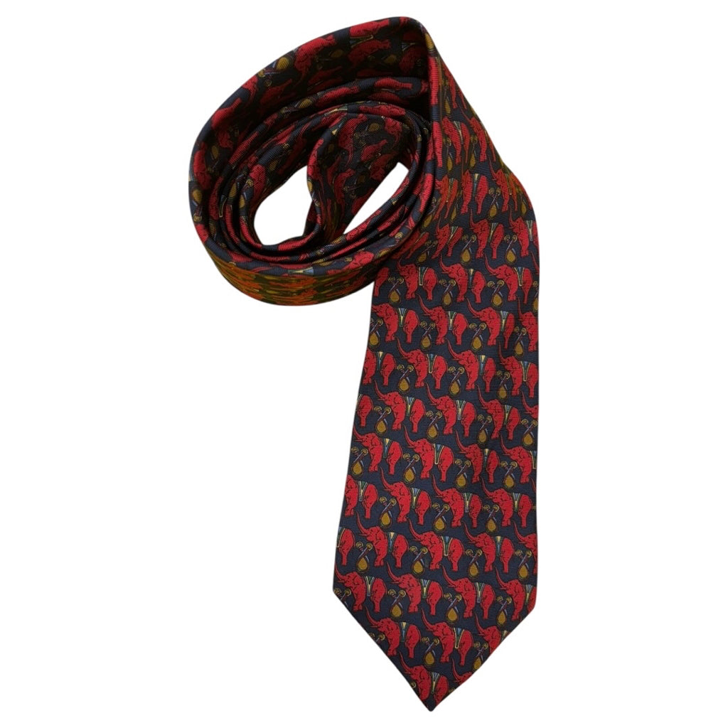 Burberry 100% Silk Navy Red Elephant Print Mns Tie