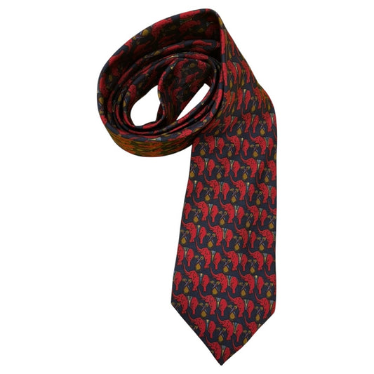 Burberry 100% Silk Navy Red Elephant Print Mns Tie
