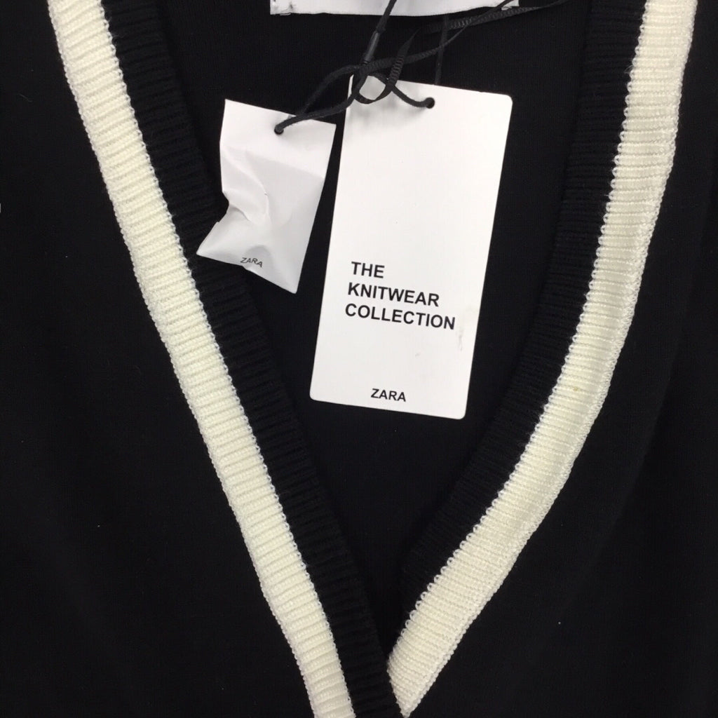Zara Black Knit White Constrasting Pearl Button Women Cardigan Sz S NWT