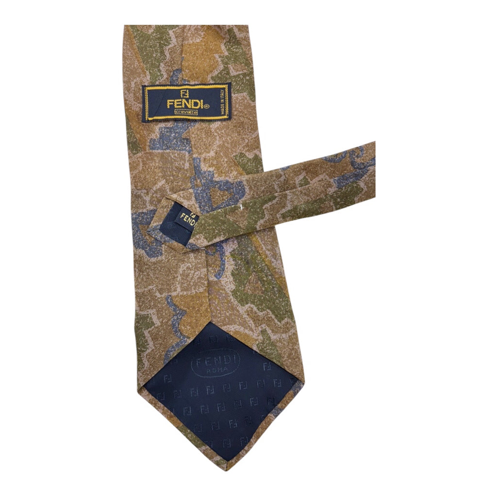 Vtg Pure Silk Fendi Brown Blue Green Design Mns Tie