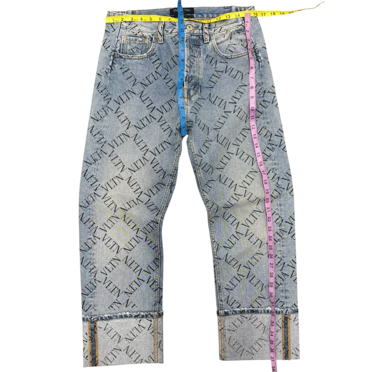 Valentino VLTN Name Grid Print Light Wash Straight Leg Cuffed Jeans Men Sz 30