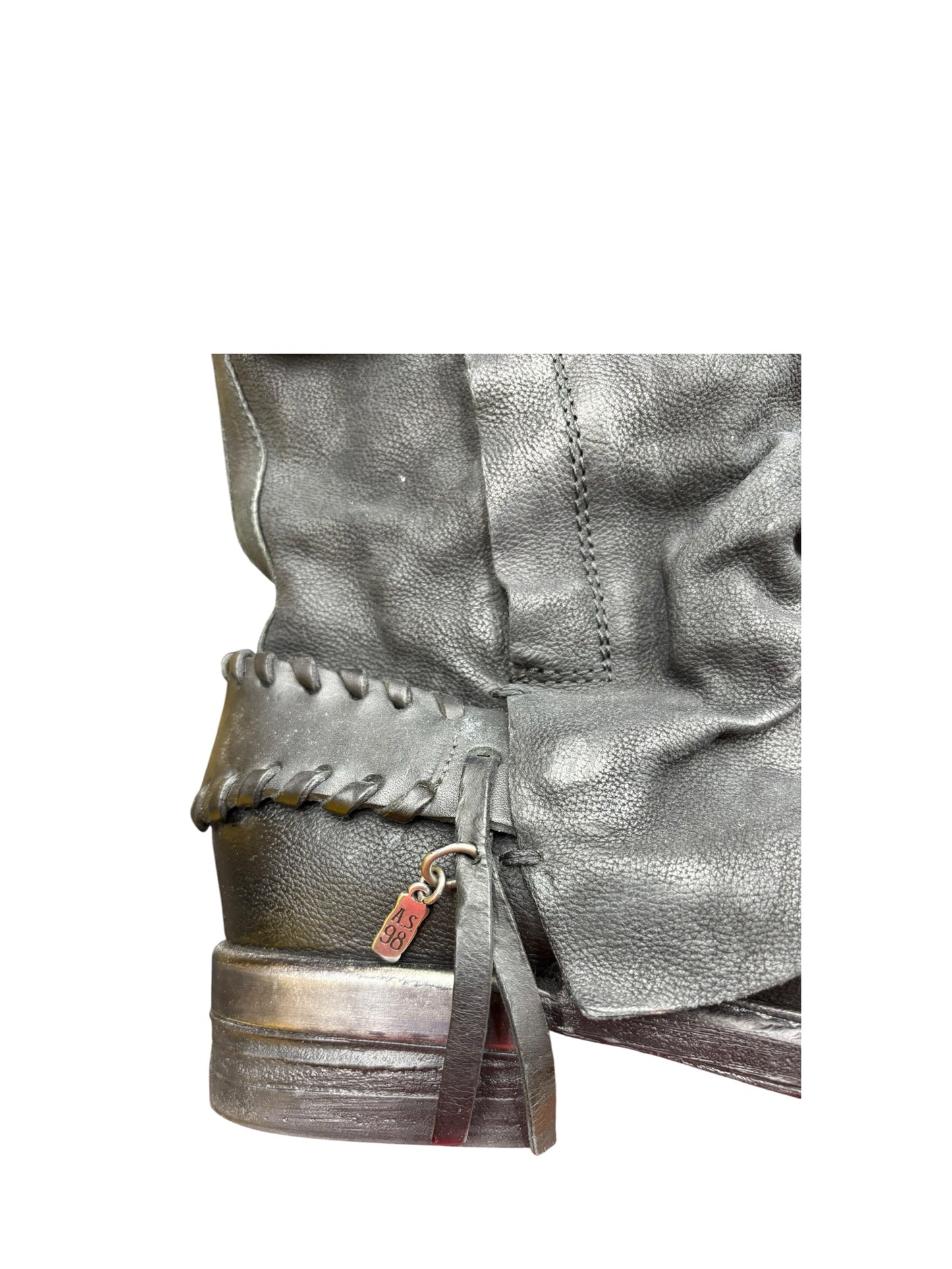 A.S.98 Archibald Black Leather Whipstitch Spur Back Strap Double Zipper Boot