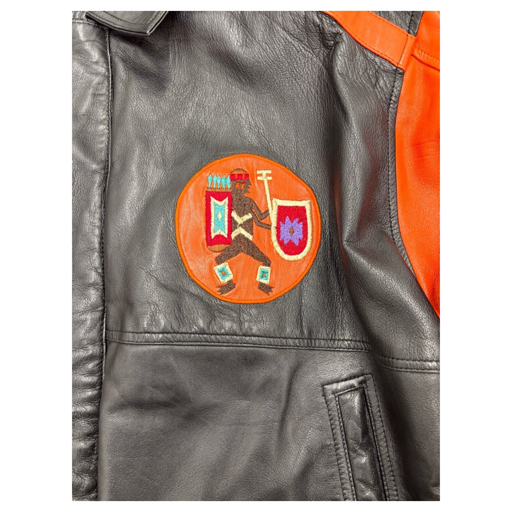 LEATHER 9000 Men's Embroidered Leather Varsity Jacket Orange Black Sz L