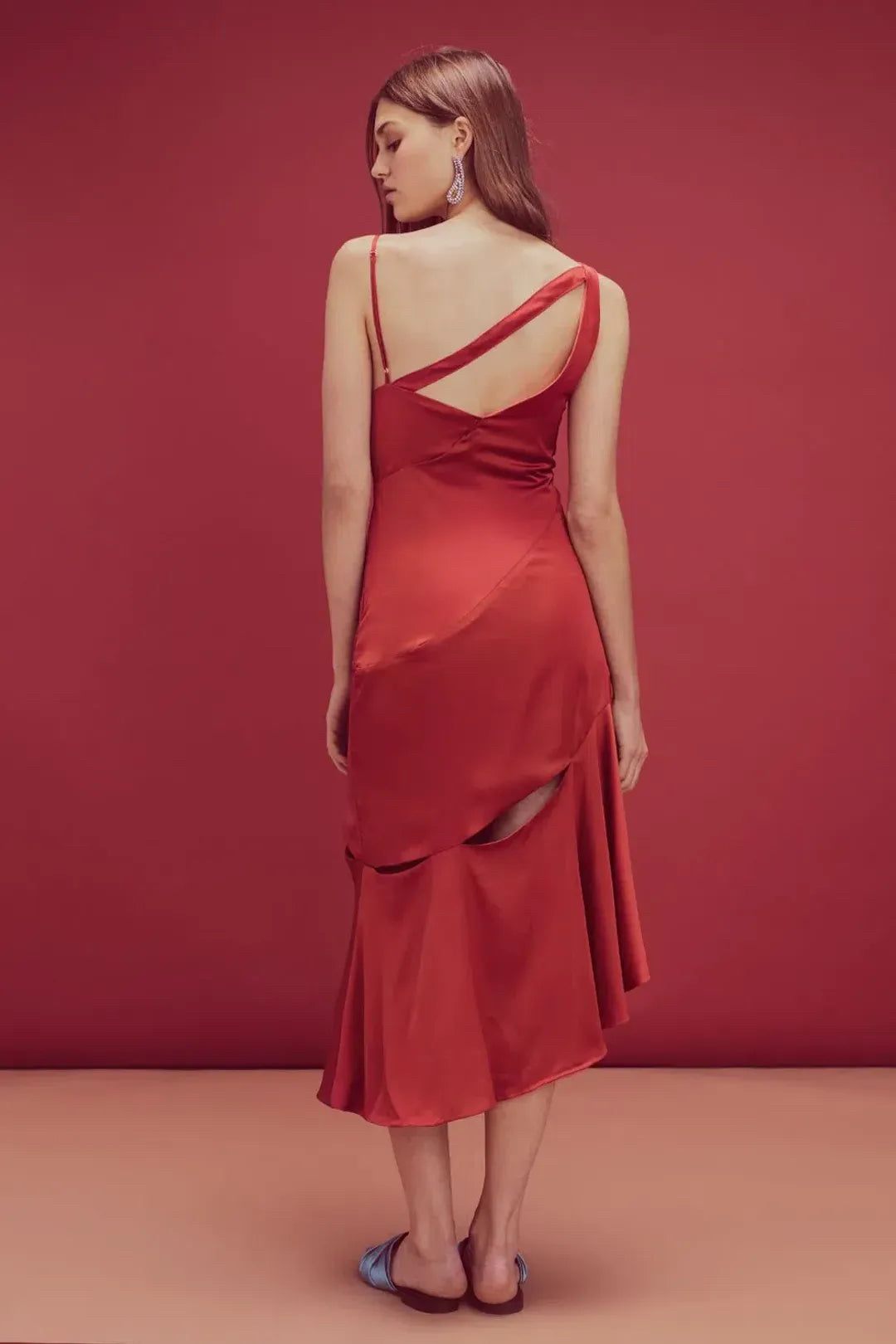 NWT For Love & Lemons Liv Cut Satin Maxi Dress Red Burnt Sienna Orange Wmns Sz M