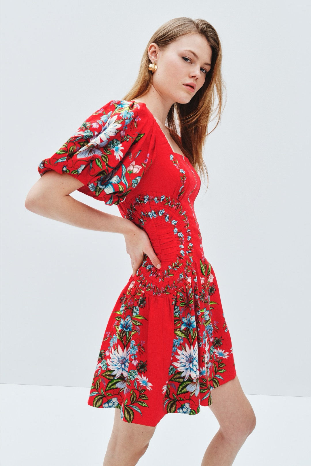 FARM Rio Red Floral Anthurium Leaves Dress Square Neckline Puff Sleeves