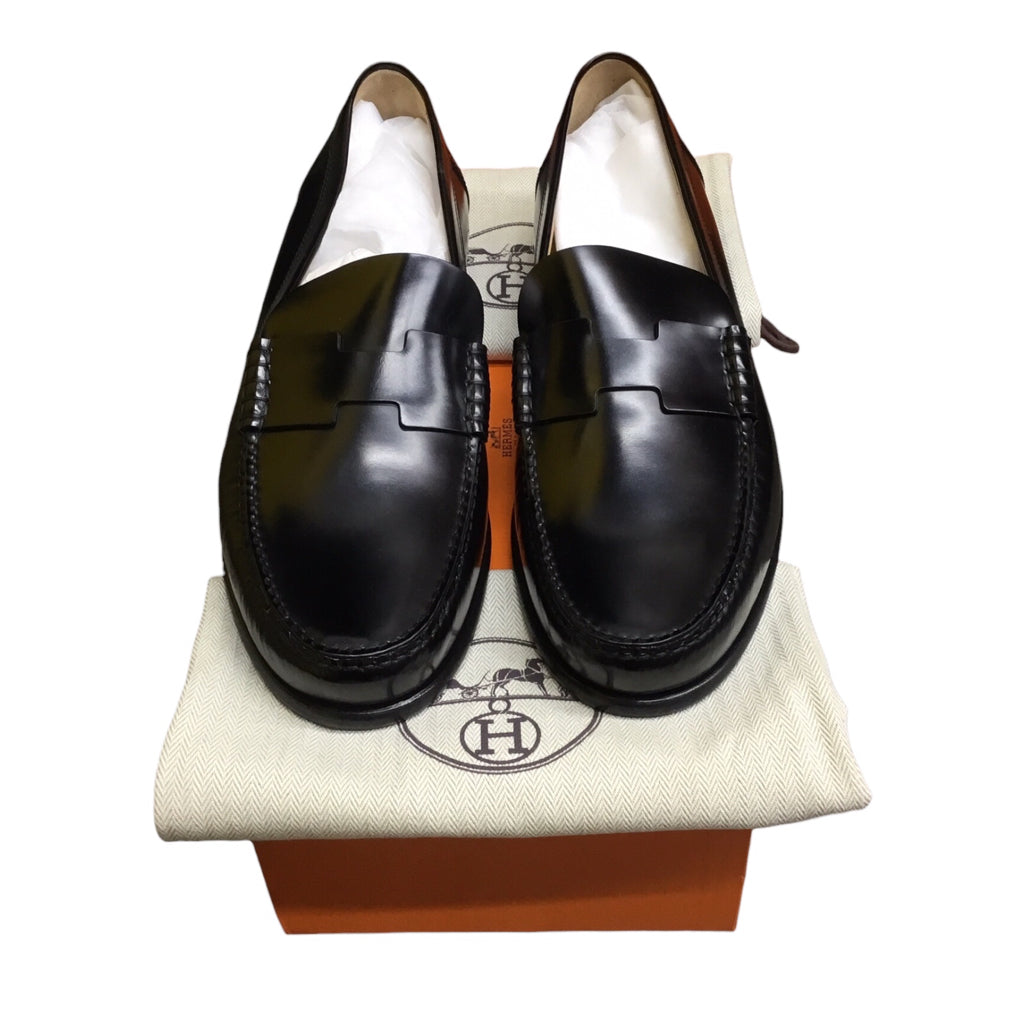 NWB Hermes Kennedy Loafer Mens Sz 44.5 Black Calf Skin Leather Slip Dress shoe