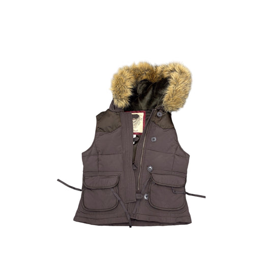 POLO JEANS COMPANY Womens Vintage Y2K Brown Fur Lined Hood Puffer Vest Sz XS