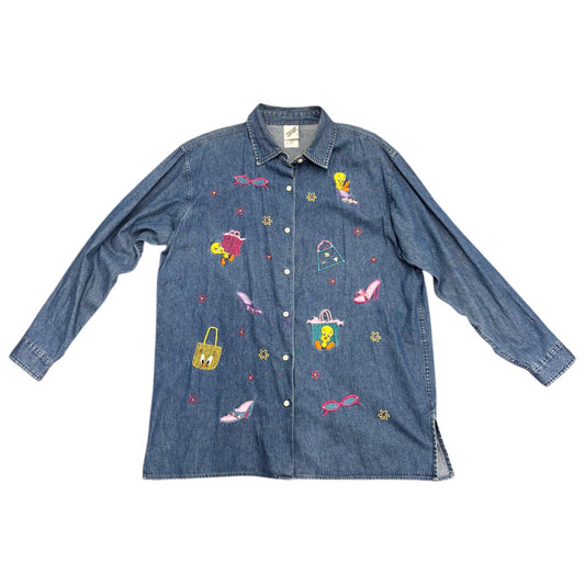 WARNER BROS. Womens Vintage Y2k Embroidered Looney Toons Tweety Blue Button Sz L