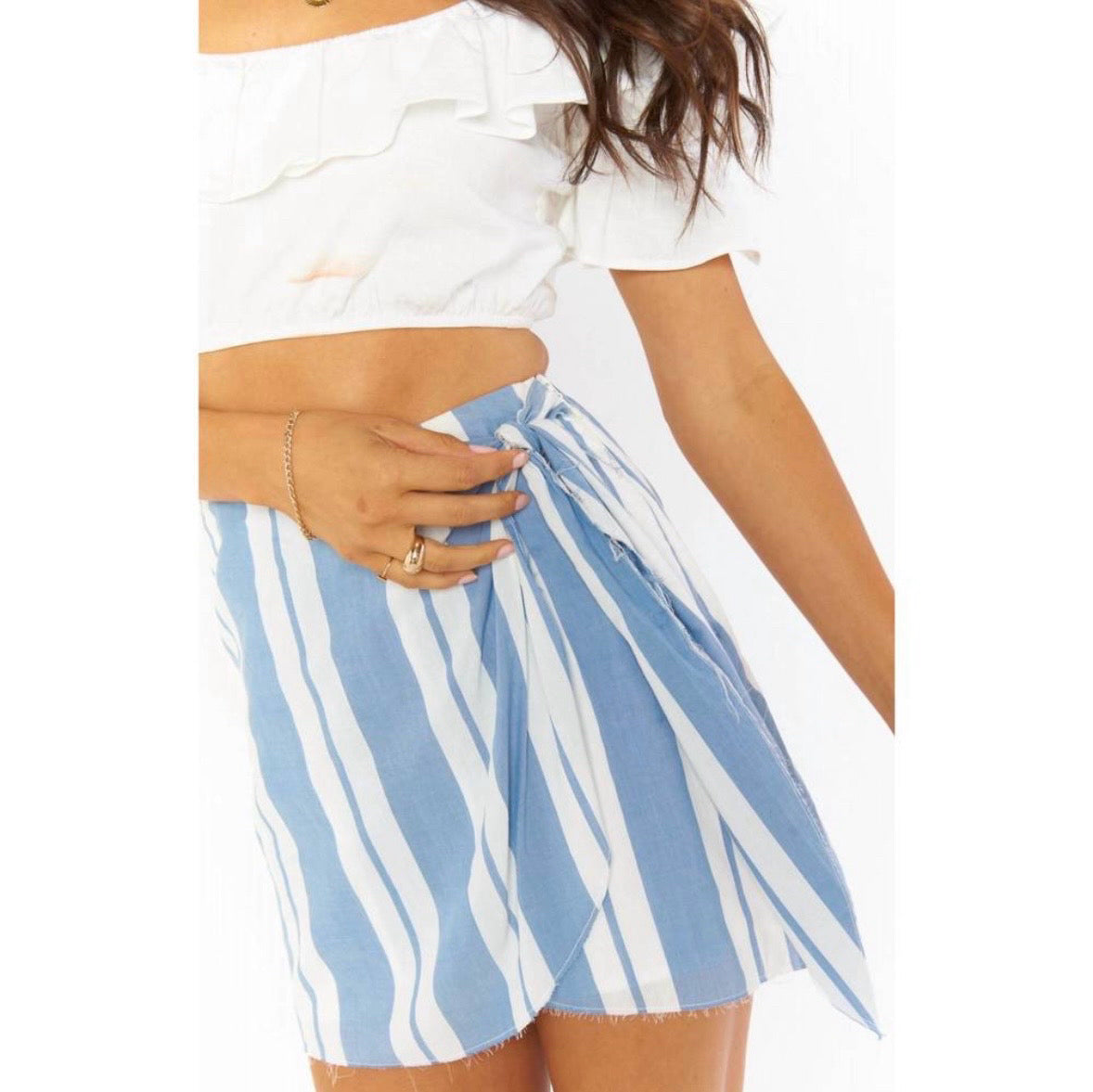 Show Me Your MuMu Iva Wrap Blue White Striped Women Skirt Sx L NWT