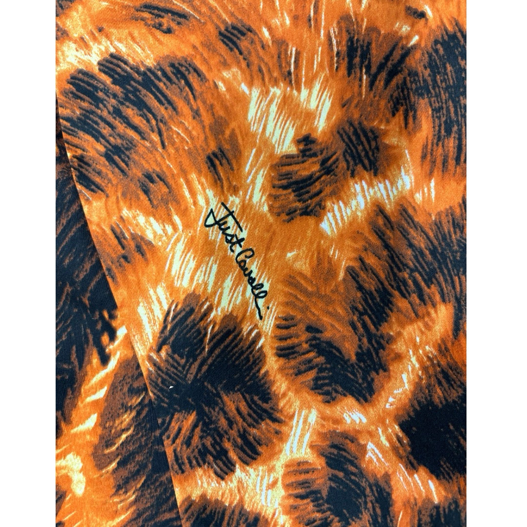 Just Cavalli Orange Black Animal Print Satin Flared Hem Midi Skirt Roberto Sz 38