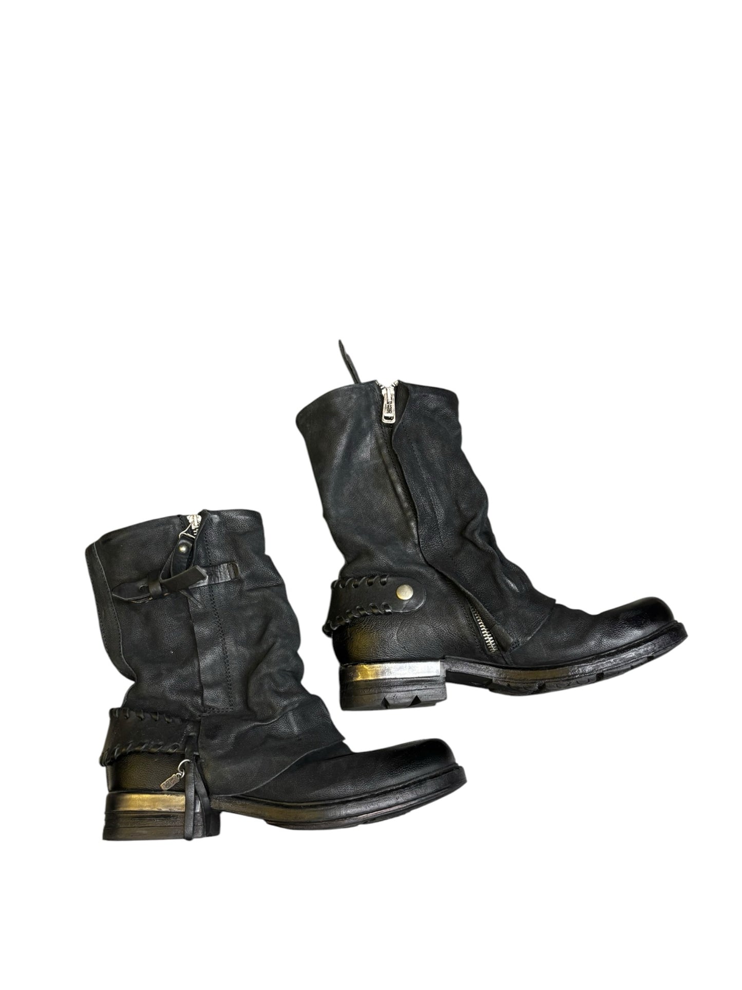 A.S.98 Archibald Black Leather Whipstitch Spur Back Strap Double Zipper Boot