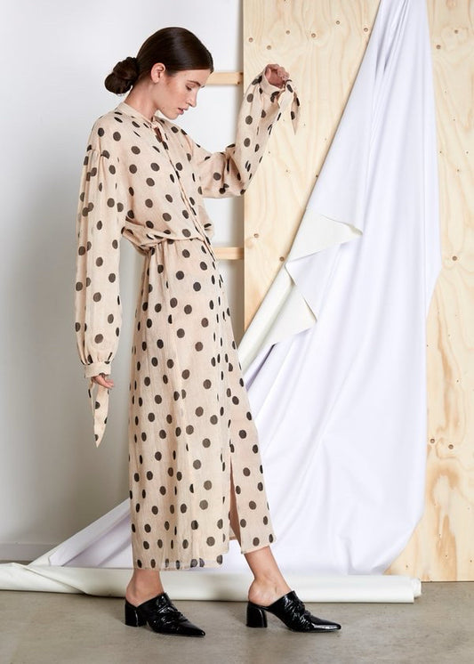 NWOT Nanushka Cream Chiffon Zahara Black Dot LS Dress Wmns Sz M Tan