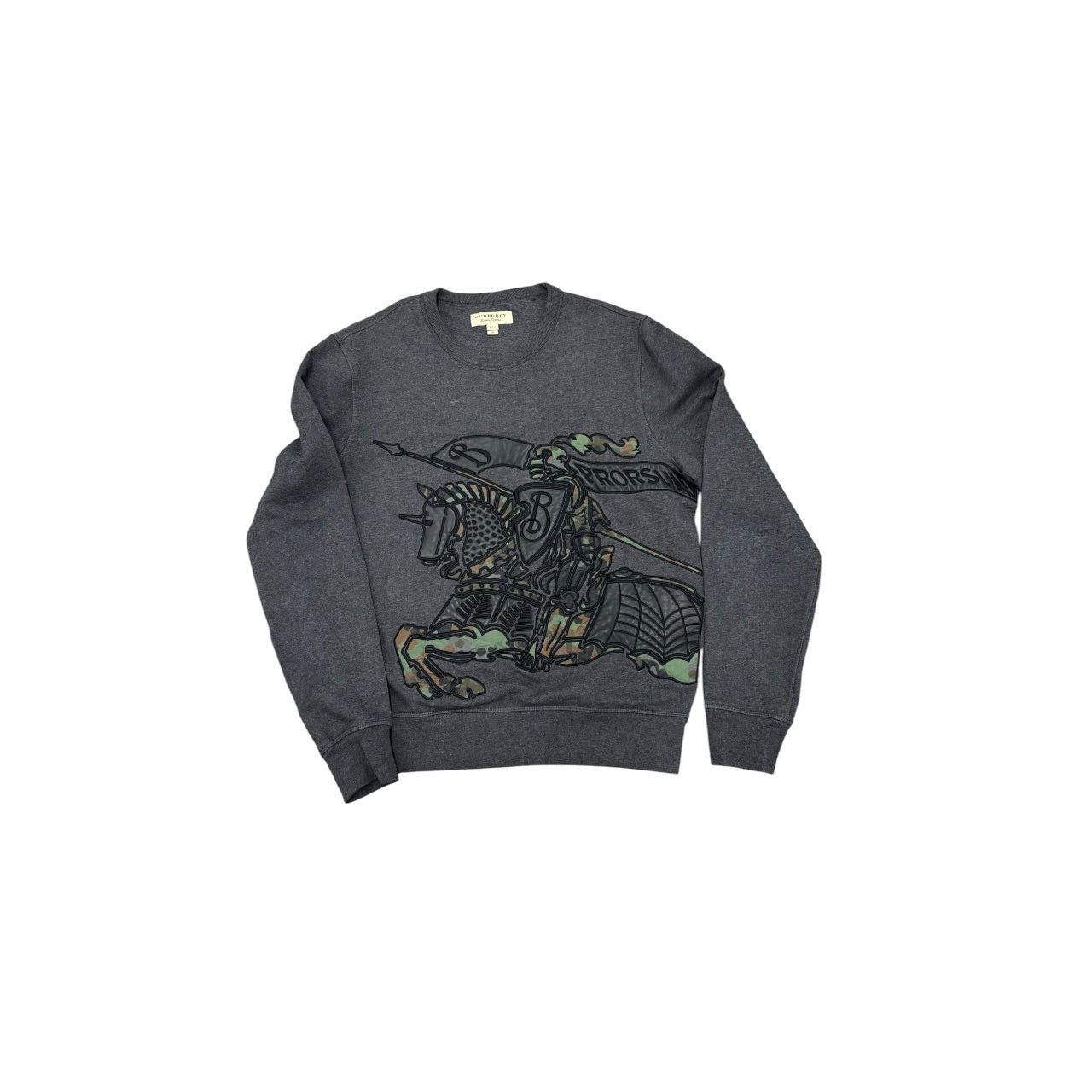 Burberry Gray Camo Leather Equestrian Knight Crewneck Mns Sz M Charcoal Sweater