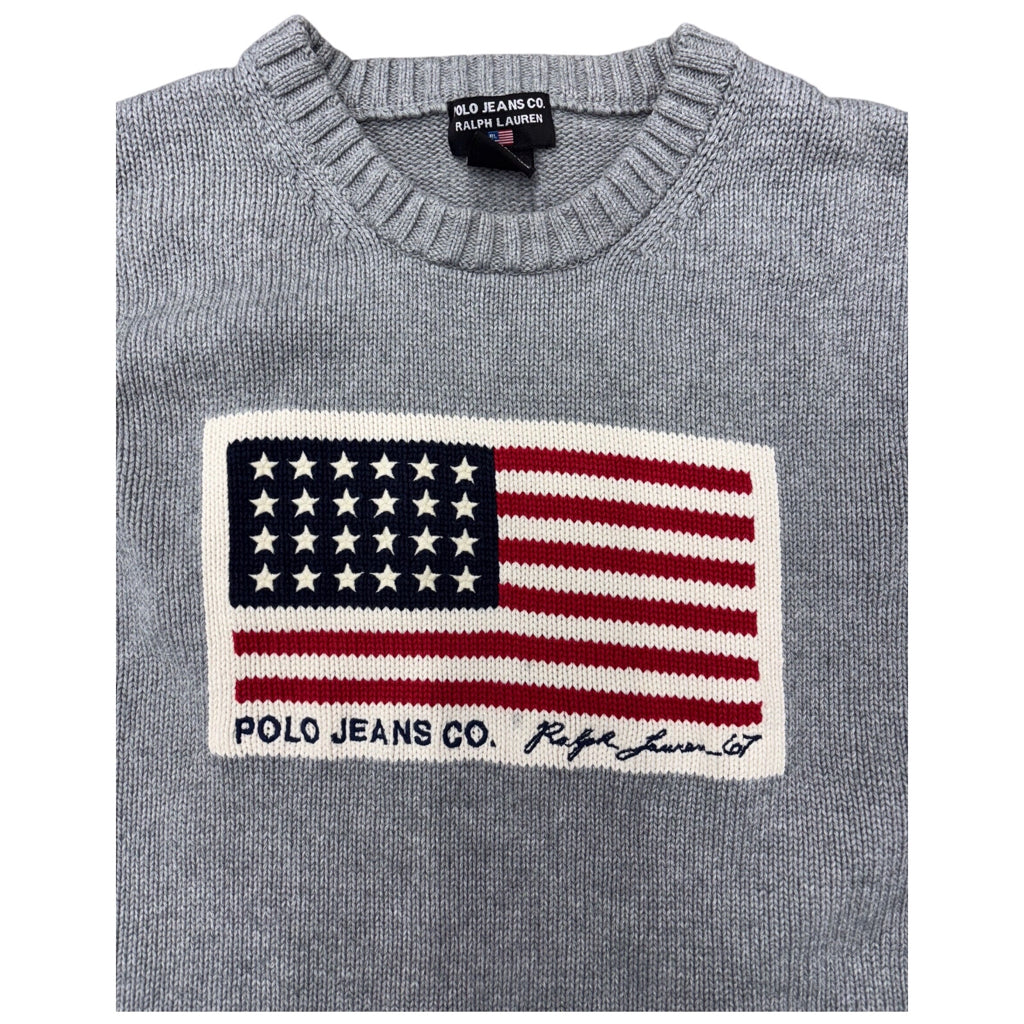 Polo Jeans Co Ralph Lauren Mens Y2k American Flag Gray Grey Knit Crewneck Pullover Sweater Sz L