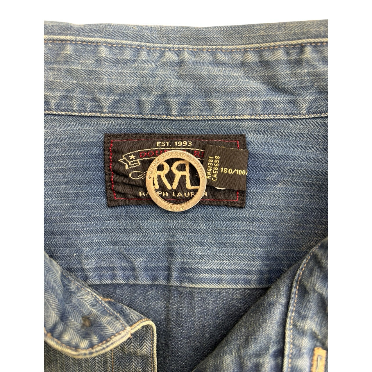 RRL Velvet Denim Pinstripe Fade Wash Blue Button Shirt Sz L