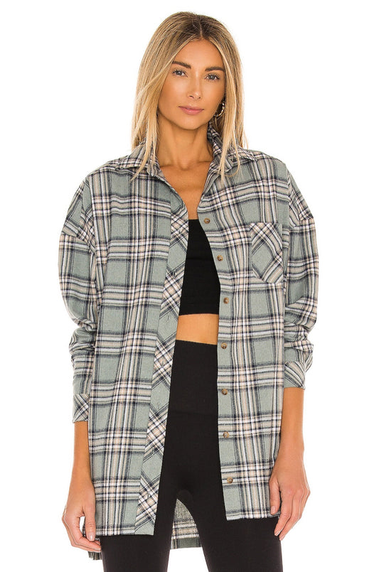 NWT Lover and Friends Gela Oversized Button Down Top Sage Plaid Wmns Sz S