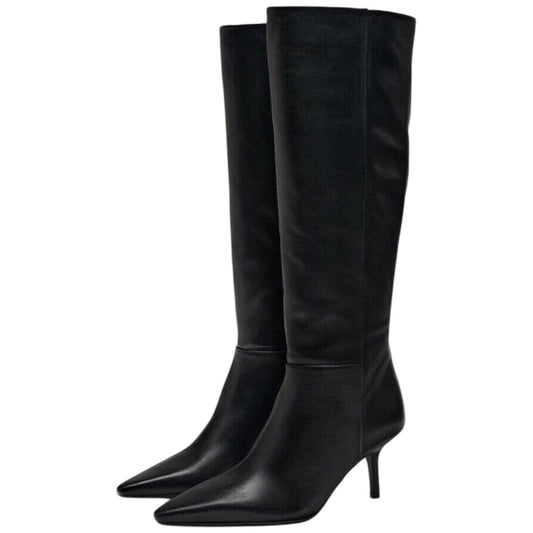 ZARA Y2K Black Leather Kitten Heel Knee High Calf Pointed Toe FW24 Sz 41 NWT