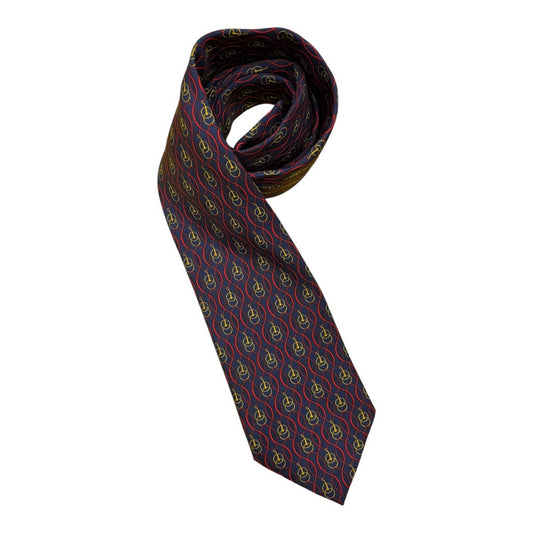 Burberry Navy 100% Silk Red Swirls Gold Circles Graphic Mns Tie