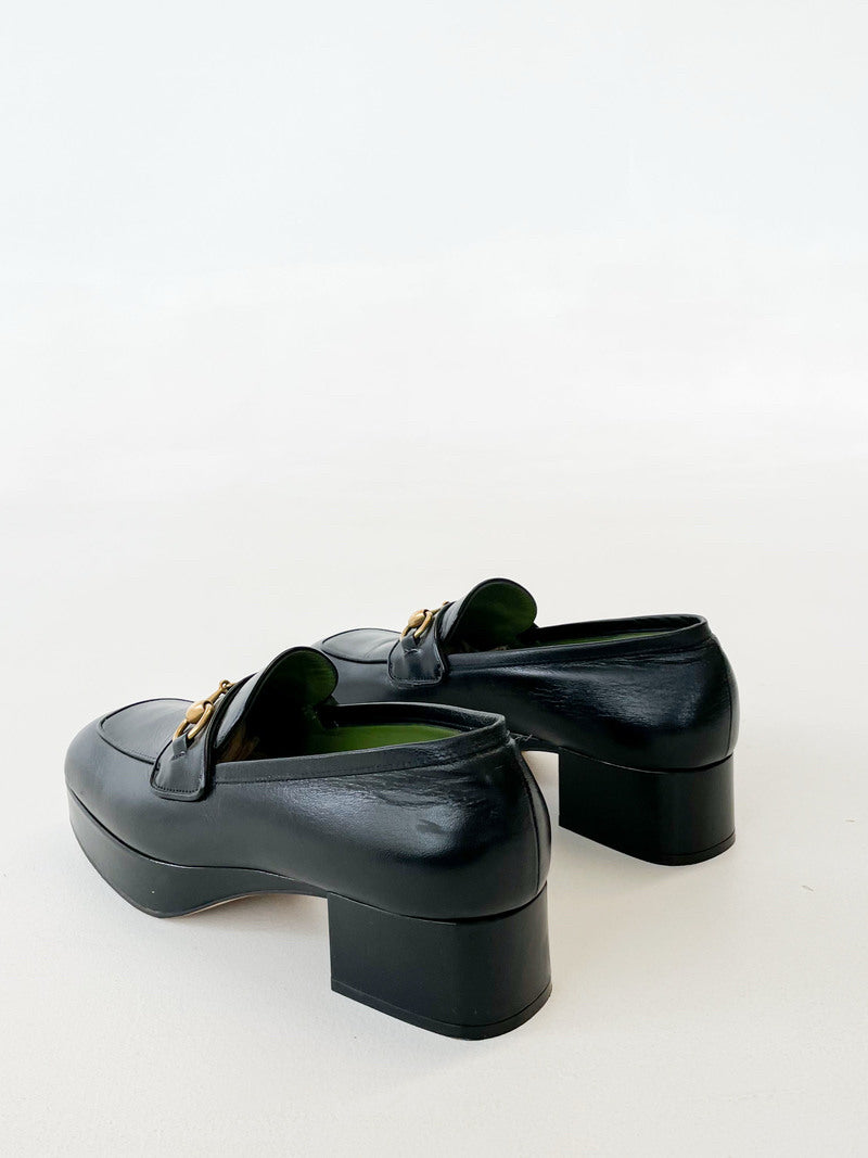 NWB Gucci Houdan 15 Black Horsebit Leather Platform Loafer Wm Sz 36 Block Heel