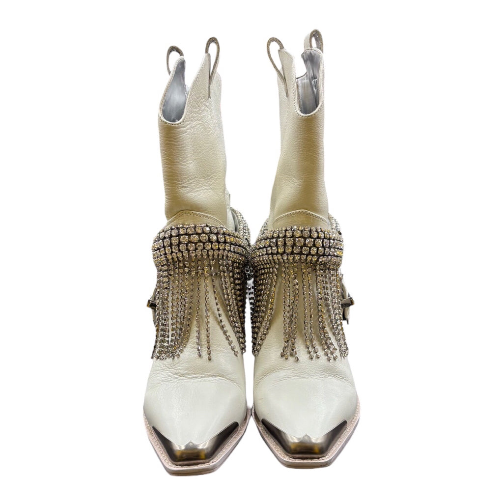 Daniel x Diamond High Noon Crystal-Harness White Western Heel Booties Shoe Wmns Sz 6 Boots