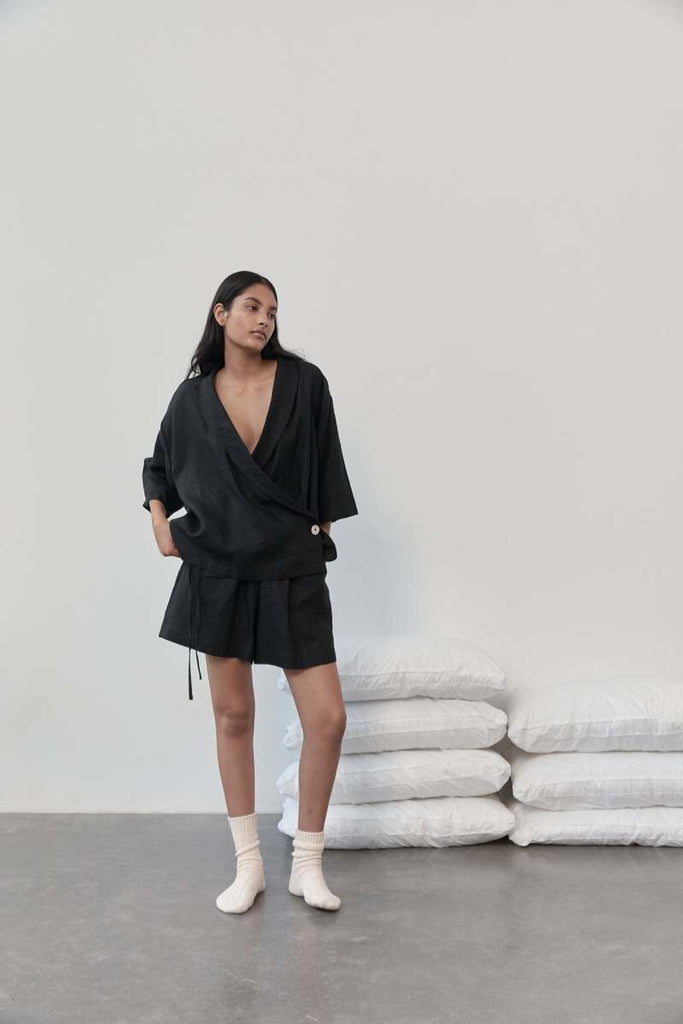 NWT Deiji Studios The Asymmetric Set Deep Black Wmn Sz S French Linen Top Shorts