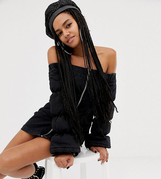 NWT Asos X LaQuan Smith Black Padded Off Shoulder Bardot Dress Denim Wmns Sz 6