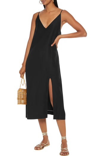 NWT Seafolly Wmns Xs Black Beach Edit Linen Blend Midi Dress Front Split